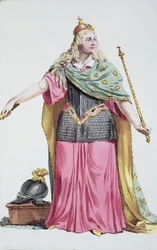 Christina (1626-1689) Rainha da Suécia da &39;Colecção de Estampas, Representando Cordilheiras e Dignitas, Seguindo o Traje de Todas as Nações Existentes&39;, publicada em 1780 (gravura colorida à mão)
